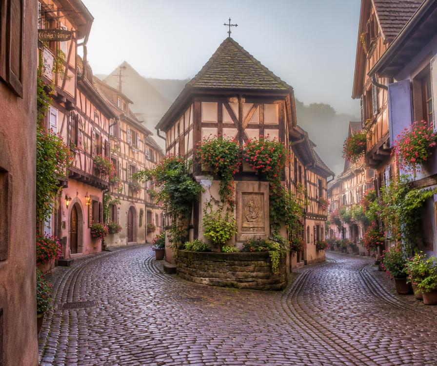Curved cobbled lane and old well surrounded by timber-framed houses in Eguisheim