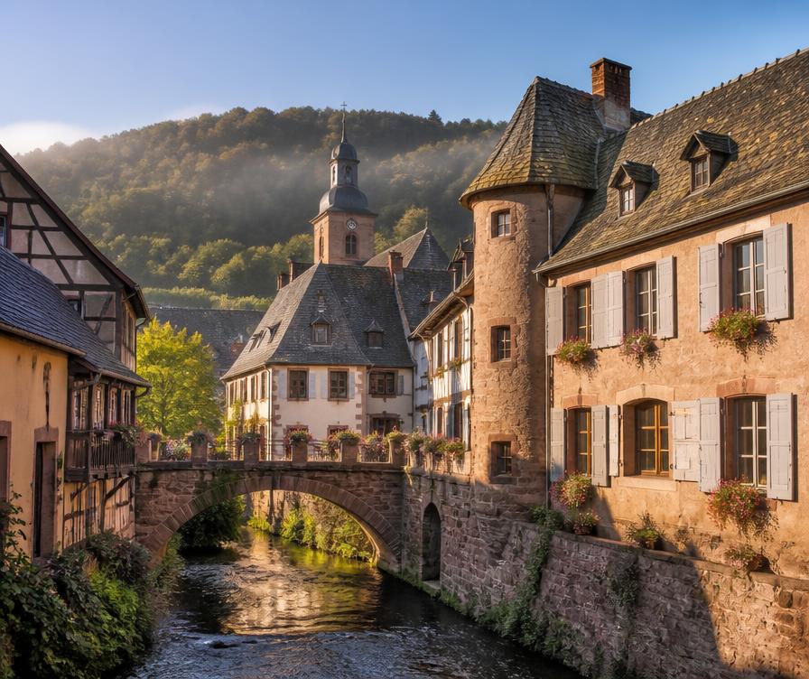 Stone bridge over the Weiss river between sandstone houses in Kaysersberg, Alsace