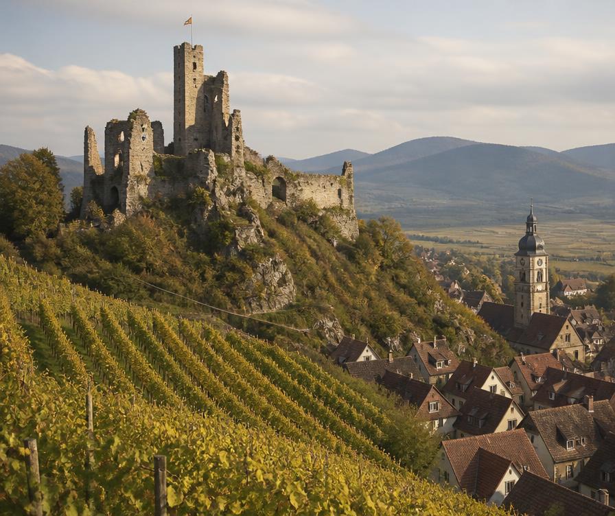 Castle ruins on a vineyard hillside above the rooftops of Ribeauvillé, Alsace