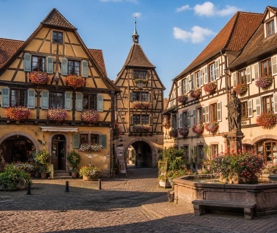 Cobbled square lined with flower-covered timber-framed houses in Riquewihr, Alsace