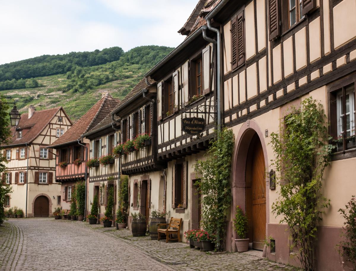 Cobbled lane lined with timber-framed houses and a winery door in an Alsatian wine village